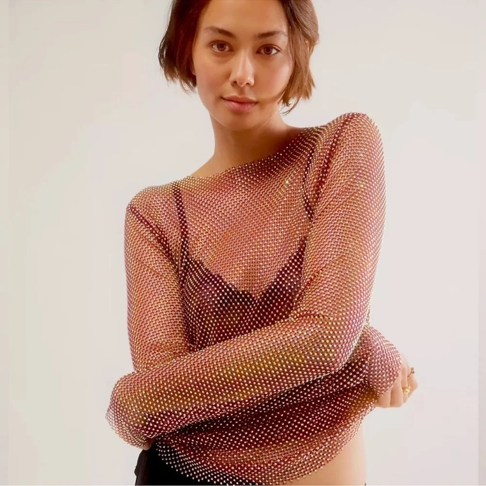 Free People intimately Filter Finish Ruby Red Long Sleeve Rhinestone Top